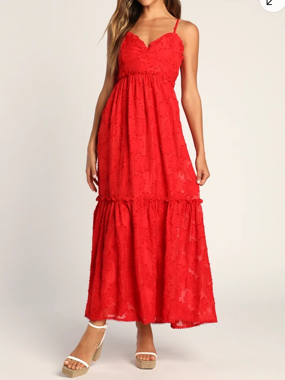 LULU’S Red Charm and Charisma Burnout Floral Midi Dress